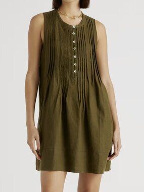 Quince 100% European Linen Sleeveless Swing Mini Dress - Martini Olive